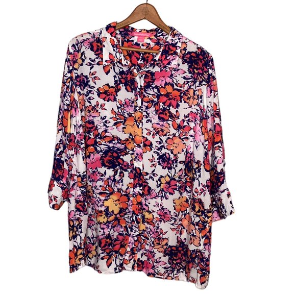 Woman Within Tops - Woman Within 18/20  White Purple Pink Floral Rayon Button Front‎ Top Blouse Plus